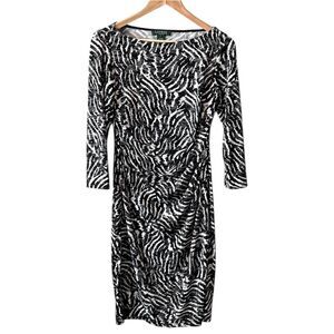Ralph Lauren Abstract Stripes Stretch Long Sleeve Dress Boatneck Black White 6